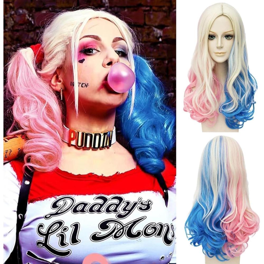imagePerruque Quinn pour fille et enfant rose et bleu perruque de costume Quinn pour femme perruque de cosplay blond bleu rose argent gris long boucl nat