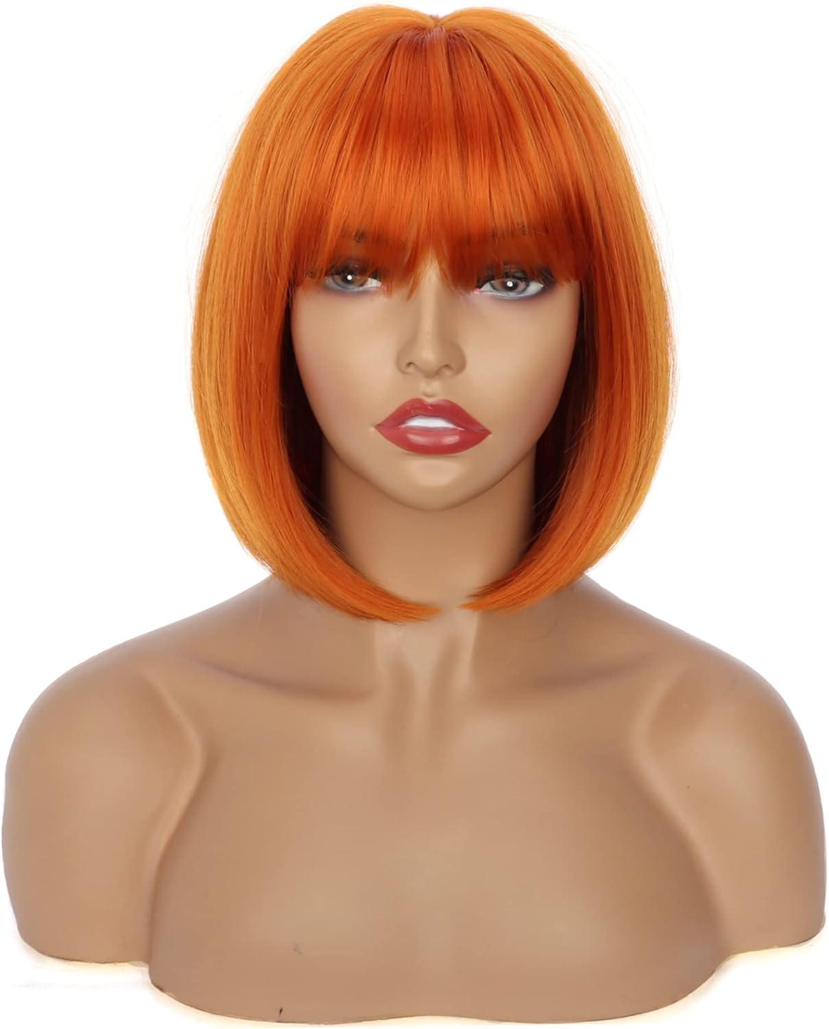 imageColorfulpanda Courte Perruque Femme Orange 14 Pouces Synthtique Perruque Bob avec Frange Naturelle Perruques pour Femme Cosplay Wig with BangsAuburn Rouge Couleurauburn