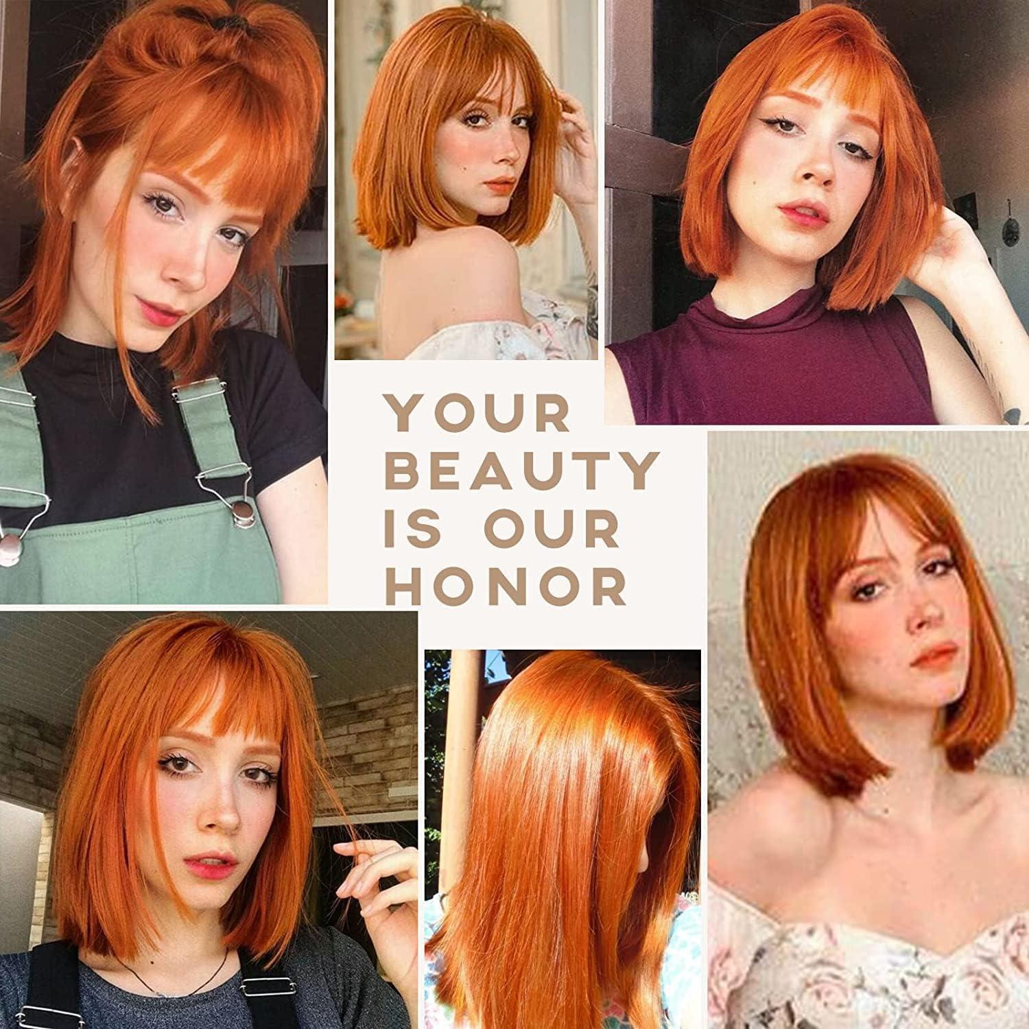 imageColorfulpanda Courte Perruque Femme Orange 14 Pouces Synthtique Perruque Bob avec Frange Naturelle Perruques pour Femme Cosplay Wig with BangsAuburn Rouge Couleurauburn