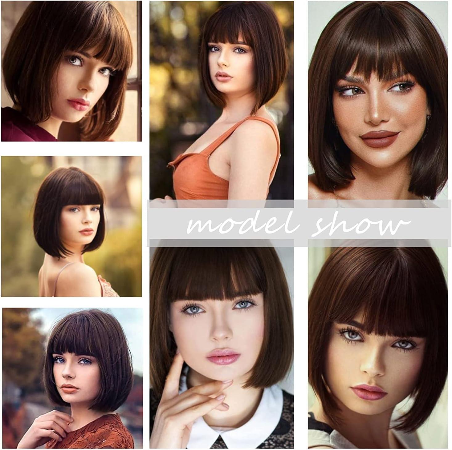 imageColorfulpanda Courte Perruque Femme Orange 14 Pouces Synthtique Perruque Bob avec Frange Naturelle Perruques pour Femme Cosplay Wig with BangsAuburn Rouge CouleurMarron fonc