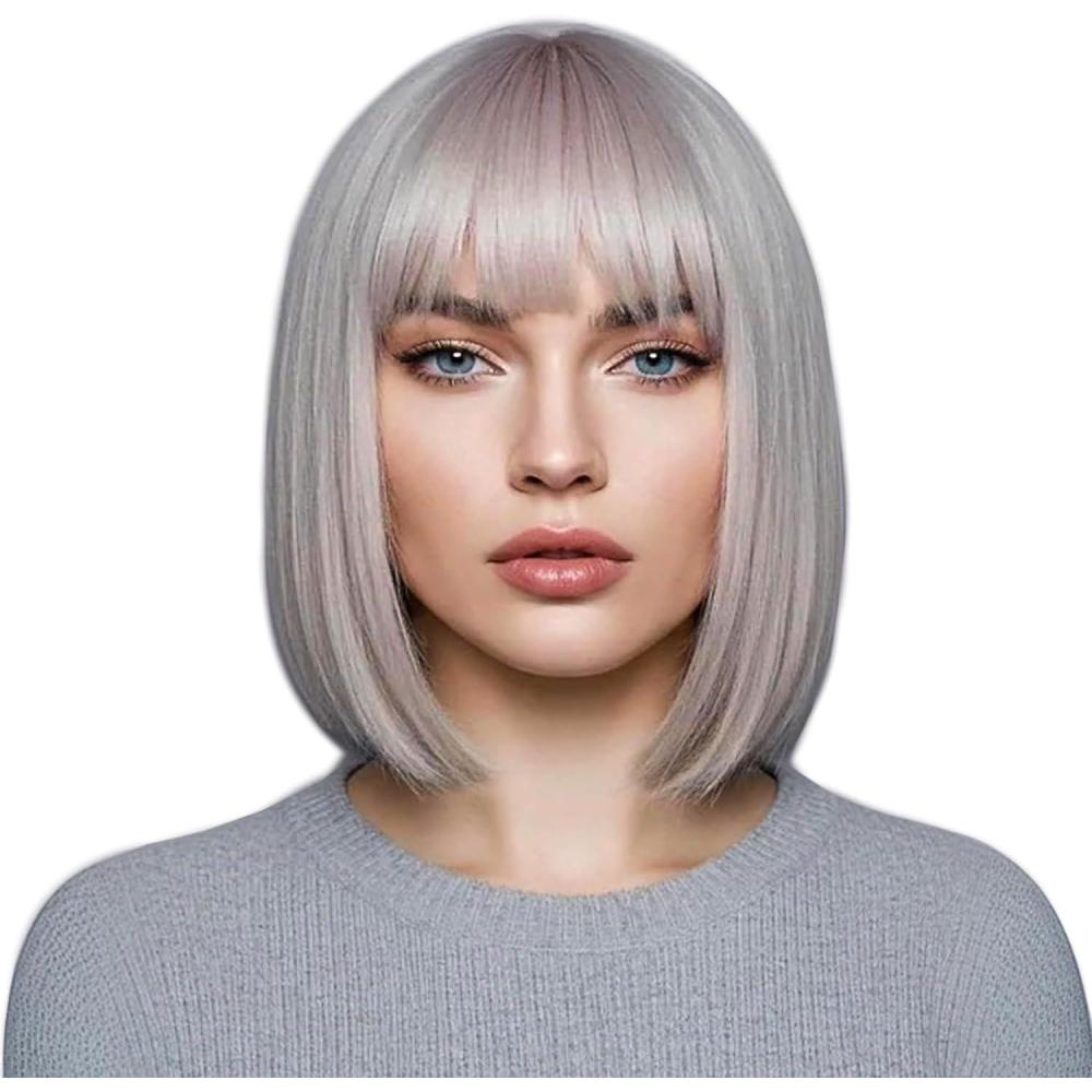 imageColorfulpanda Courte Perruque Femme Orange 14 Pouces Synthtique Perruque Bob avec Frange Naturelle Perruques pour Femme Cosplay Wig with BangsAuburn Rouge CouleurGris Argent