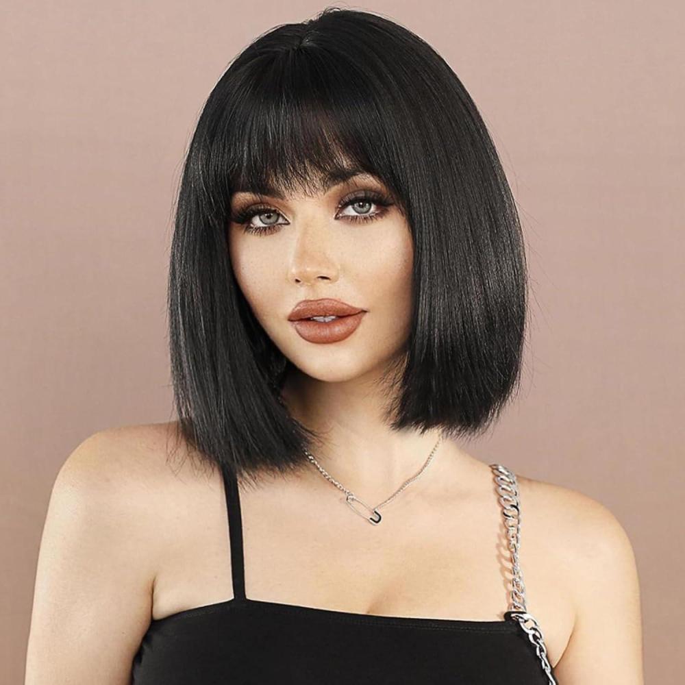 imageColorfulpanda Courte Perruque Femme Orange 14 Pouces Synthtique Perruque Bob avec Frange Naturelle Perruques pour Femme Cosplay Wig with BangsAuburn Rouge CouleurNoir