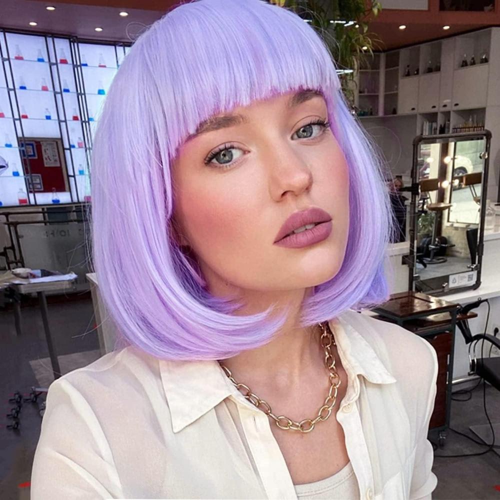 imageColorfulpanda Courte Perruque Femme Orange 14 Pouces Synthtique Perruque Bob avec Frange Naturelle Perruques pour Femme Cosplay Wig with BangsAuburn Rouge CouleurViolet