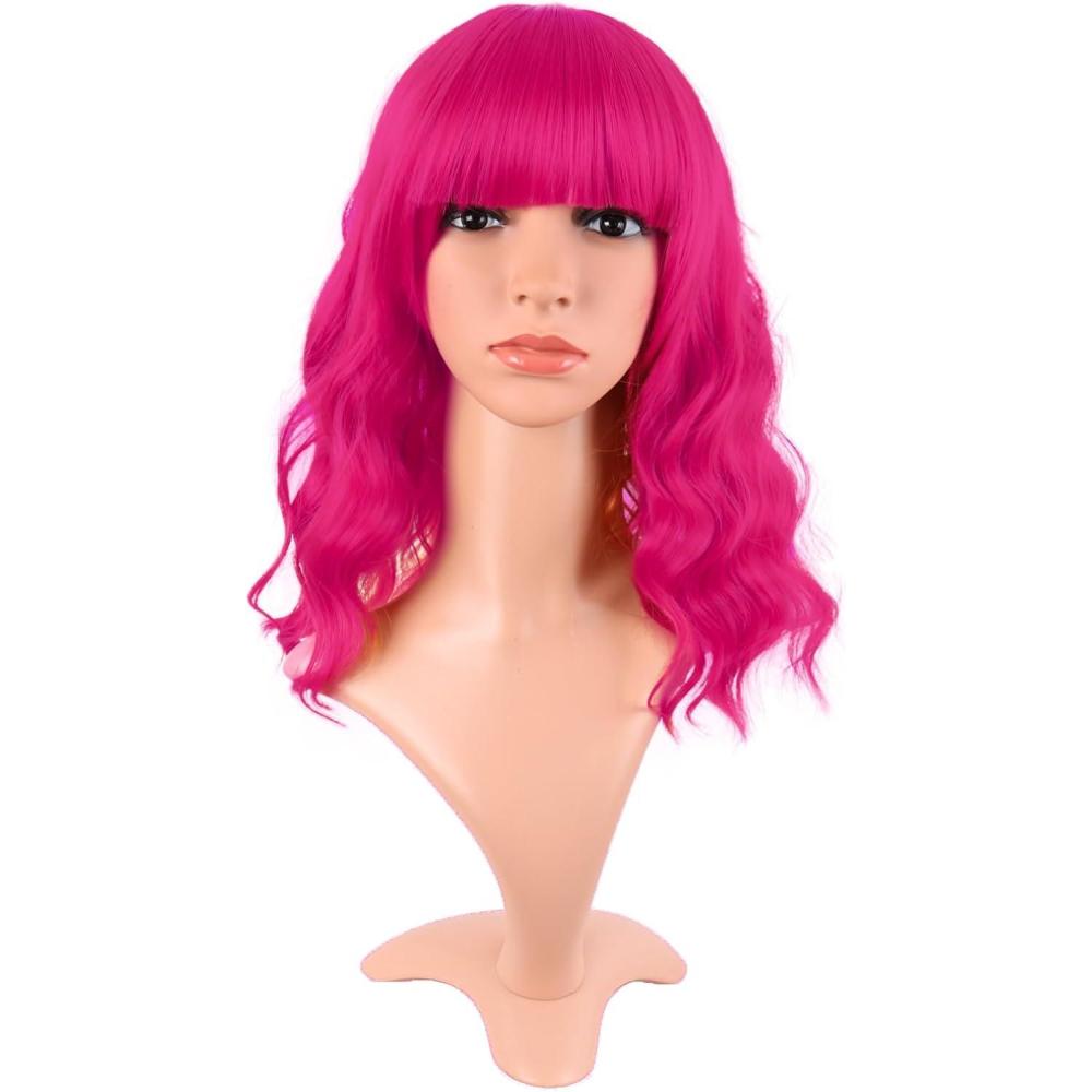 imageMapofBeauty 14 Pouces35 cm Court Wavy Avec Frange Shoulder Longueur Boucl Flat Bang Cheveux Synthtique Bob Perruque BleuHot Rose