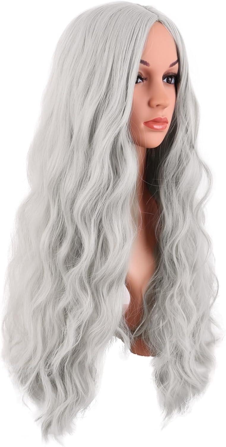 imageMapofBeauty 28 Pouces70 cm Longue Wavy Middle Part Synthtique fibre Boucl Cheveux Remplacement Quotidiano Perruques OrrangeArgent
