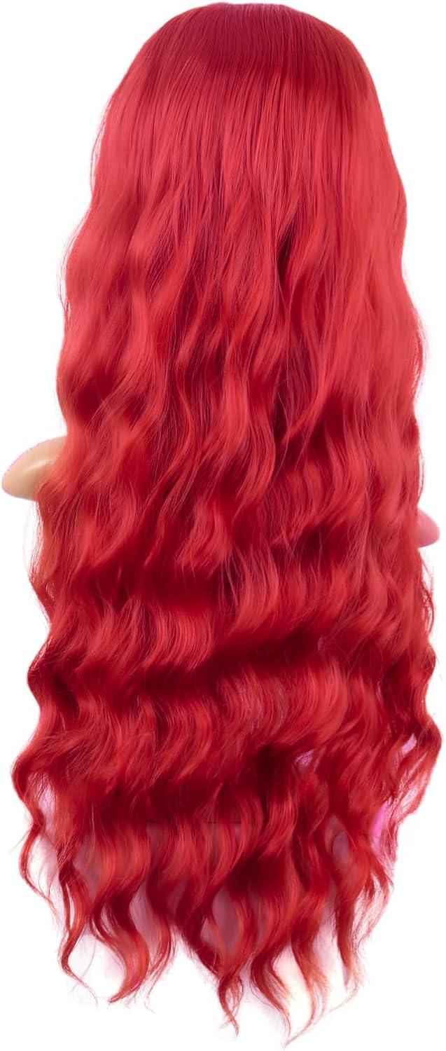 imageMapofBeauty 28 Pouces70 cm Longue Wavy Middle Part Synthtique fibre Boucl Cheveux Remplacement Quotidiano Perruques OrrangeBrillant Rouge