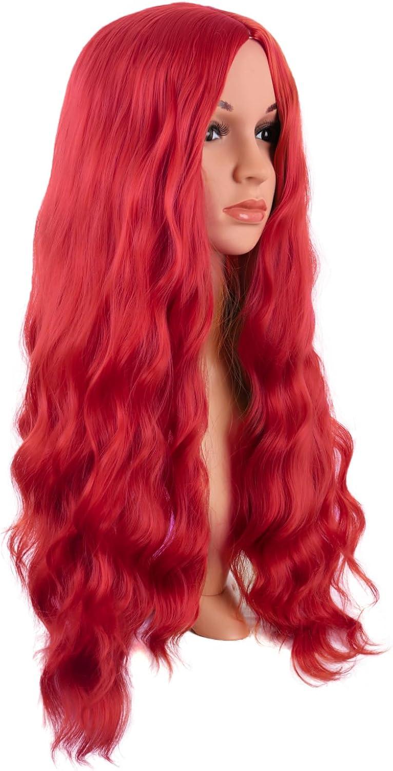 imageMapofBeauty 28 Pouces70 cm Longue Wavy Middle Part Synthtique fibre Boucl Cheveux Remplacement Quotidiano Perruques OrrangeBrillant Rouge