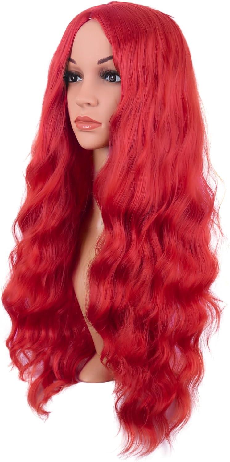 imageMapofBeauty 28 Pouces70 cm Longue Wavy Middle Part Synthtique fibre Boucl Cheveux Remplacement Quotidiano Perruques OrrangeBrillant Rouge