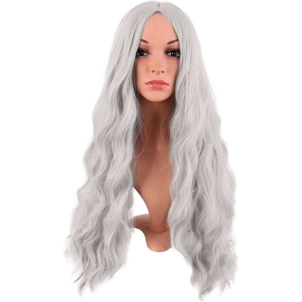imageMapofBeauty 28 Pouces70 cm Longue Wavy Middle Part Synthtique fibre Boucl Cheveux Remplacement Quotidiano Perruques OrrangeArgent