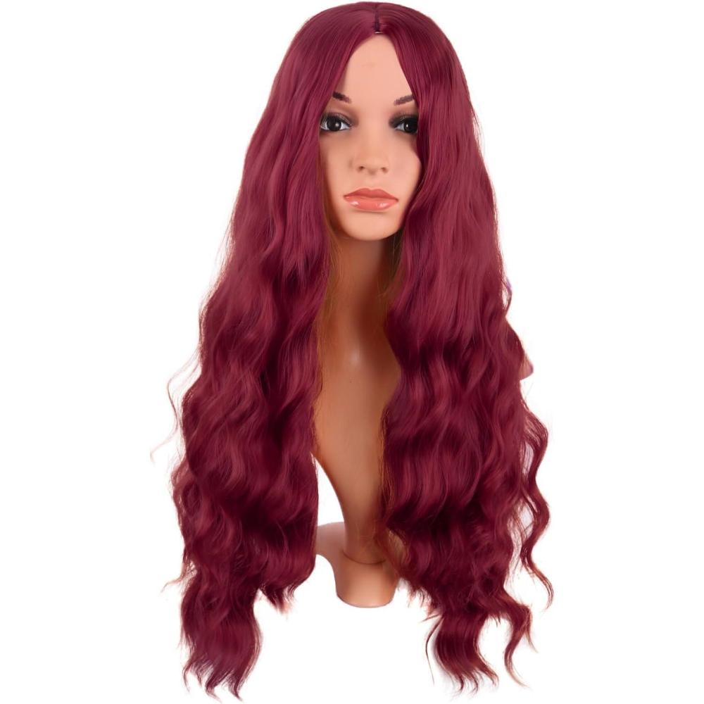 imageMapofBeauty 28 Pouces70 cm Longue Wavy Middle Part Synthtique fibre Boucl Cheveux Remplacement Quotidiano Perruques OrrangeBlood Rouge