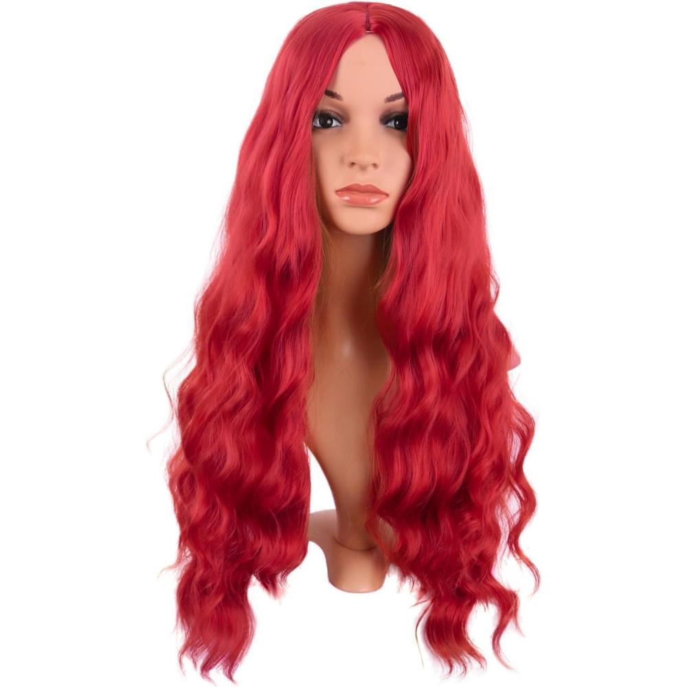 imageMapofBeauty 28 Pouces70 cm Longue Wavy Middle Part Synthtique fibre Boucl Cheveux Remplacement Quotidiano Perruques OrrangeBrillant Rouge