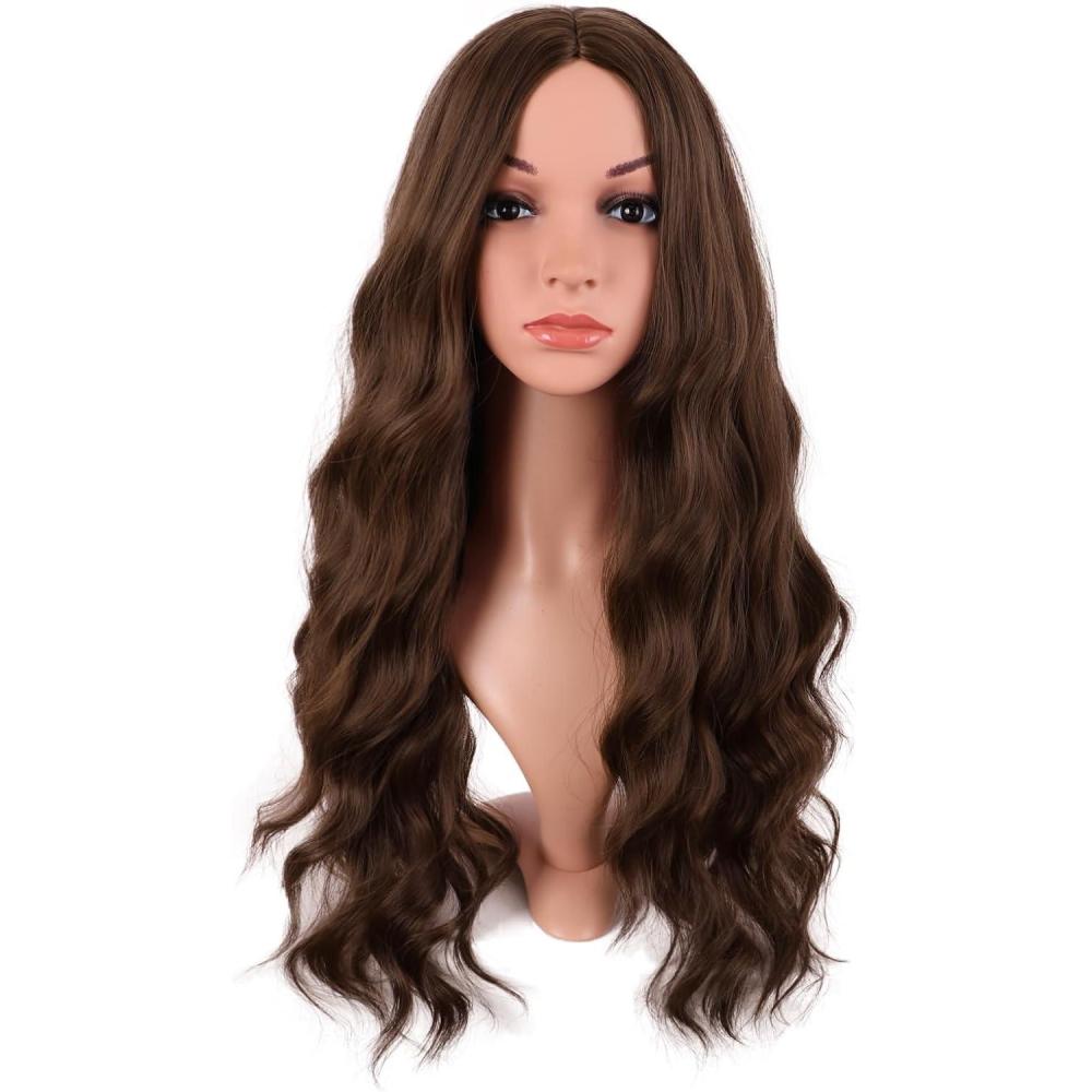 imageMapofBeauty 28 Pouces70 cm Longue Wavy Middle Part Synthtique fibre Boucl Cheveux Remplacement Quotidiano Perruques OrrangeBrun