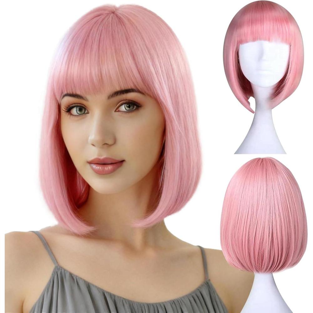 imagePerruque Glam Pour Femme 12 Pouces30 Cm Color Droit Bob Rose Perruque With Bangs Perruques De Cheveux SynthTiques Pour Femmes Pour Cosplay Halloween Costume FTe Carnaval Et Usage Quotidien