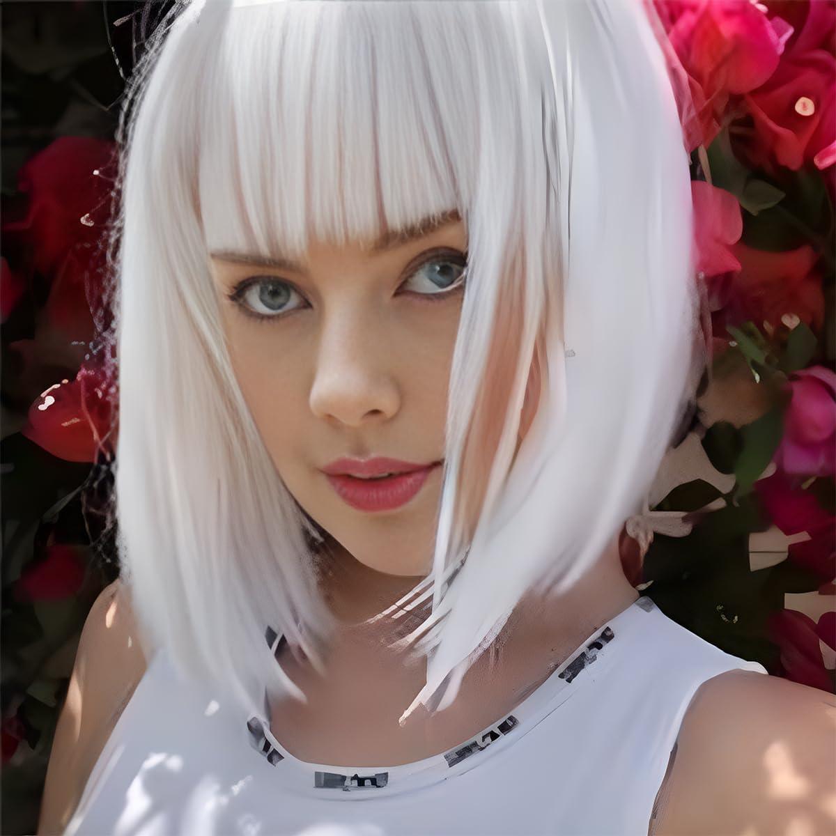 imagePerruque bob avec frange Blanche Cheveux synthtiques Longueur des paules Fte Cosplay Perruques ondules pour femmesBlanc