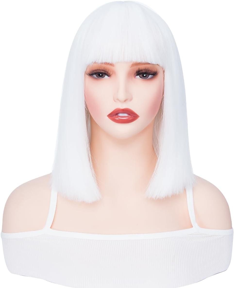 imagePerruque bob avec frange Blanche Cheveux synthtiques Longueur des paules Fte Cosplay Perruques ondules pour femmesBlanc