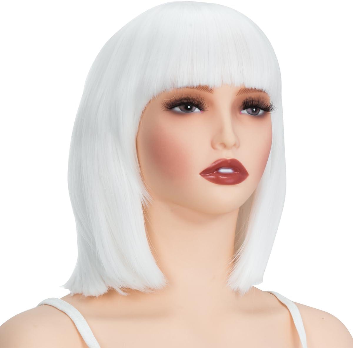 imagePerruque bob avec frange Blanche Cheveux synthtiques Longueur des paules Fte Cosplay Perruques ondules pour femmesBlanc
