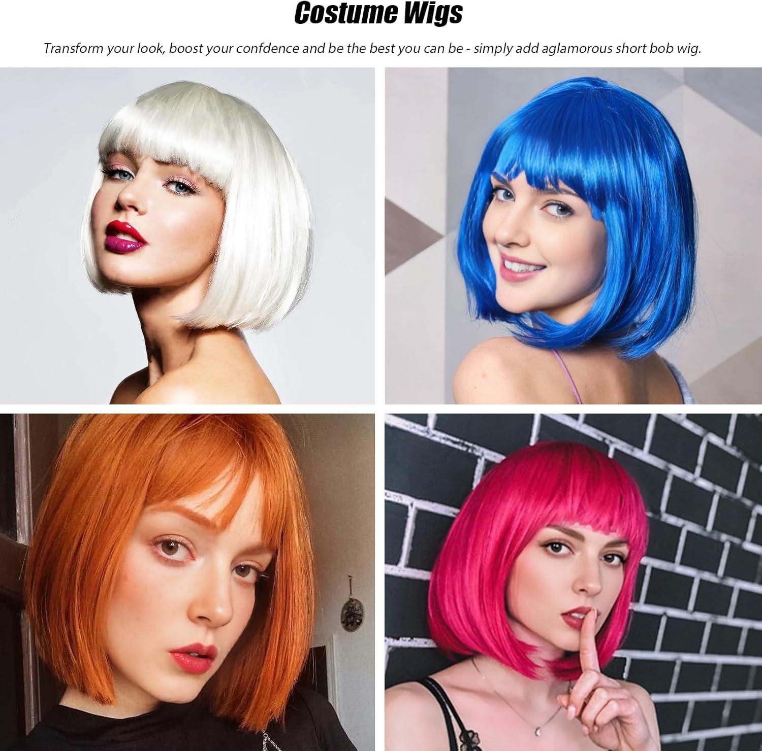 imagePerruque bob avec frange Blanche Cheveux synthtiques Longueur des paules Fte Cosplay Perruques ondules pour femmesBlanc
