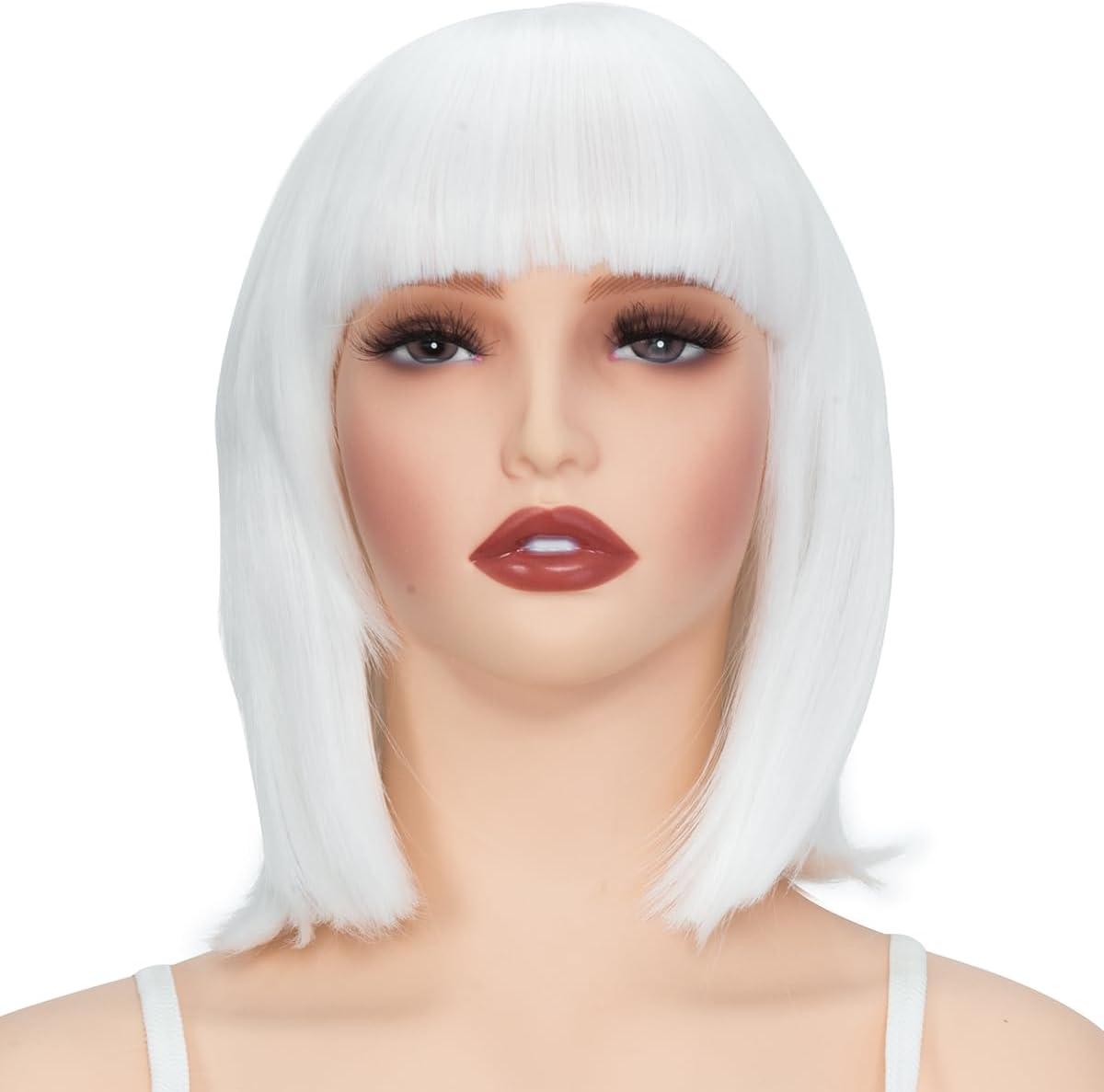 imagePerruque bob avec frange Blanche Cheveux synthtiques Longueur des paules Fte Cosplay Perruques ondules pour femmesBlanc