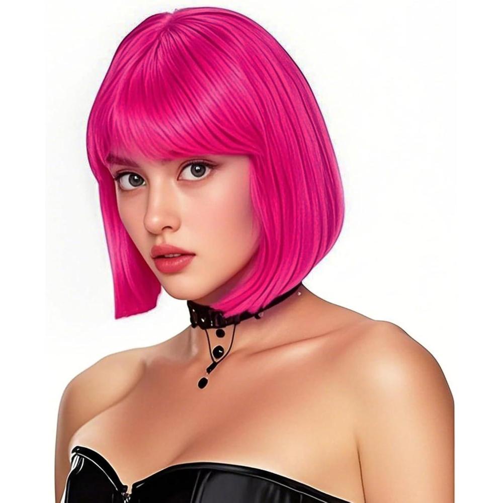 imagePerruque bob avec frange Blanche Cheveux synthtiques Longueur des paules Fte Cosplay Perruques ondules pour femmesFleur de pche