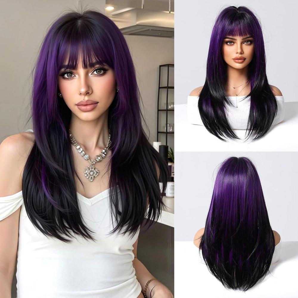 imageEsmee Perruques Brune Courtes et Droites avec Frange Rideau Perruque Naturelle Longueur Dpaule Perruques Synthtiques pour FemViolet 30311