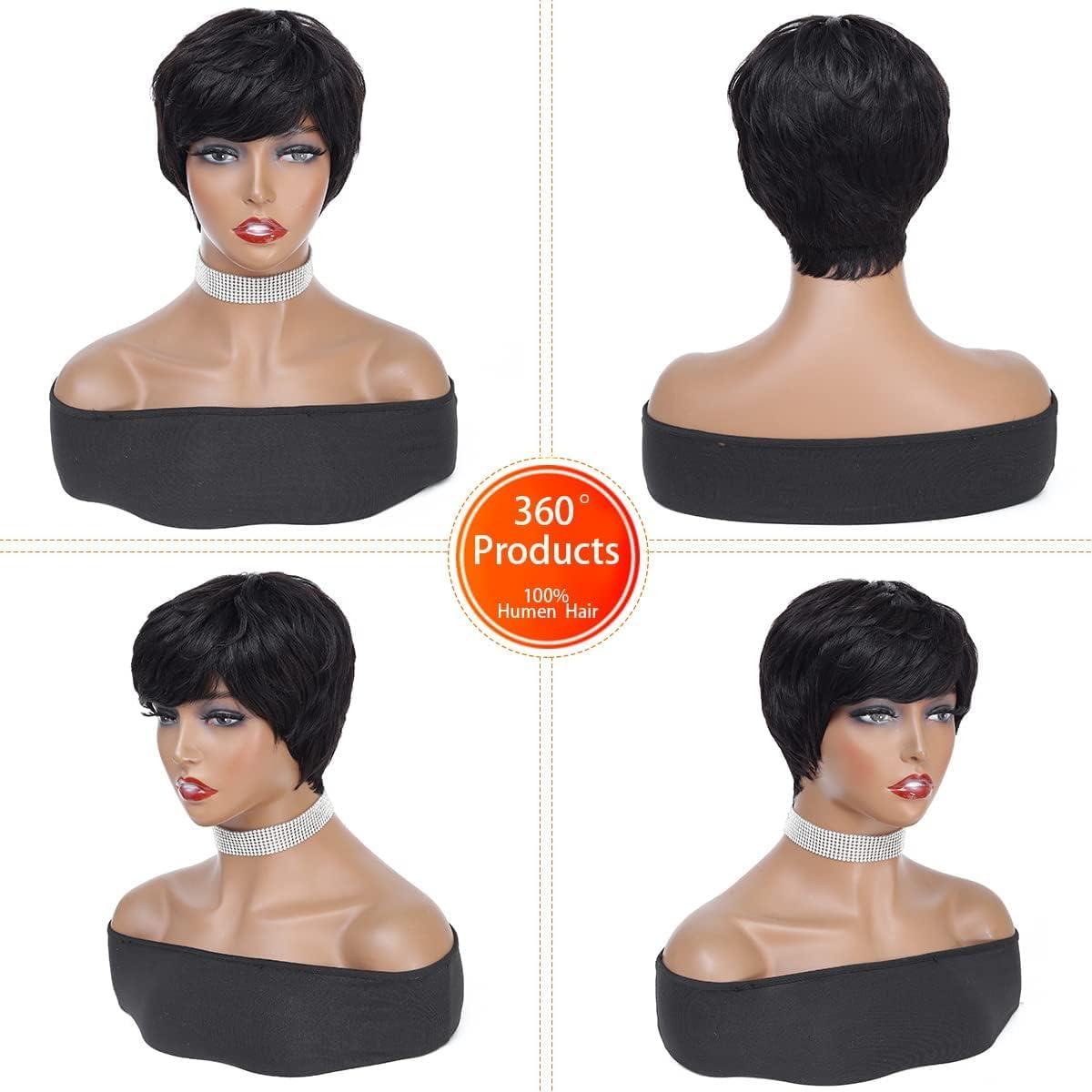 image:imagePerruque Courte short Pixie Human Hair Wig with Bangs Perruque De Cheveux Humains lisse Brsilienne Cheveux avec Frange Naturelle Perruques pour Femmes NoirNoir