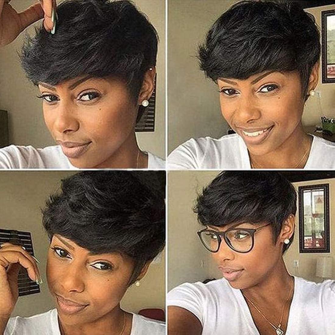 image:imagePerruque Courte short Pixie Human Hair Wig with Bangs Perruque De Cheveux Humains lisse Brsilienne Cheveux avec Frange Naturelle Perruques pour Femmes NoirNoir