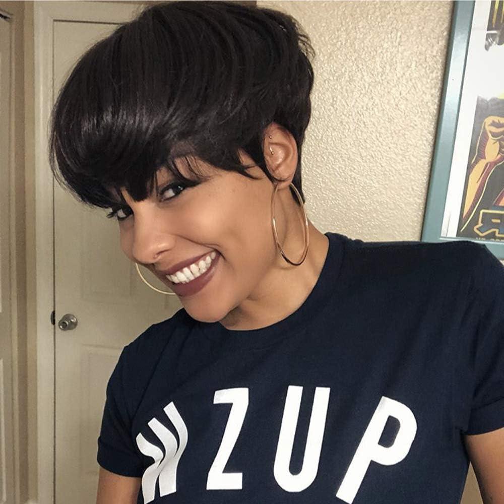 image:imagePerruque Courte short Pixie Human Hair Wig with Bangs Perruque De Cheveux Humains lisse Brsilienne Cheveux avec Frange Naturelle Perruques pour Femmes NoirNoir