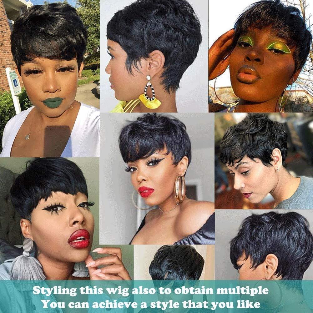 image:imagePerruque Courte short Pixie Human Hair Wig with Bangs Perruque De Cheveux Humains lisse Brsilienne Cheveux avec Frange Naturelle Perruques pour Femmes NoirNoir