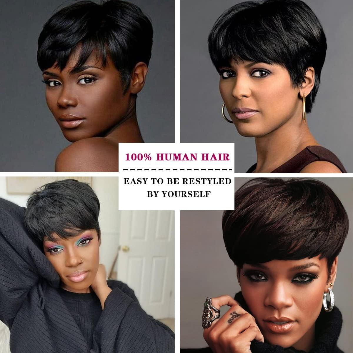 image:imagePerruque Courte short Pixie Human Hair Wig with Bangs Perruque De Cheveux Humains lisse Brsilienne Cheveux avec Frange Naturelle Perruques pour Femmes NoirNoir