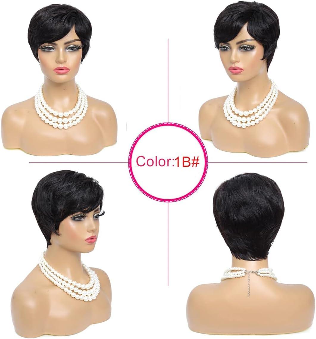 image:imagePerruque Courte short Pixie Human Hair Wig with Bangs Perruque De Cheveux Humains lisse Brsilienne Cheveux avec Frange Naturelle Perruques pour Femmes NoirNoir