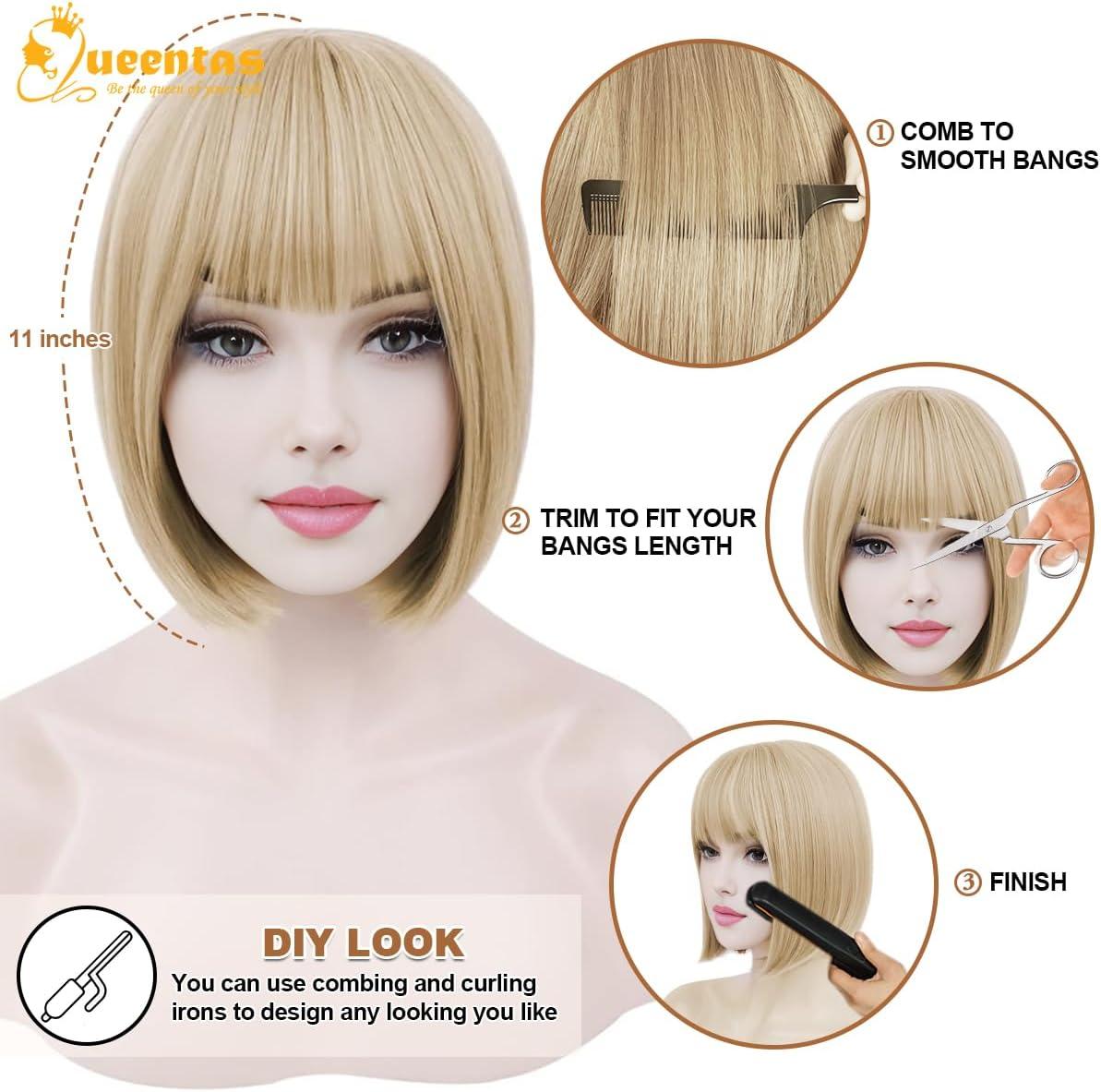image:imageQueentas Califonia Blonde perruque courte Bob droite perruque de cheveux synthtiques avec capuchon de perruque pour femmes filles 11 quotBlonde