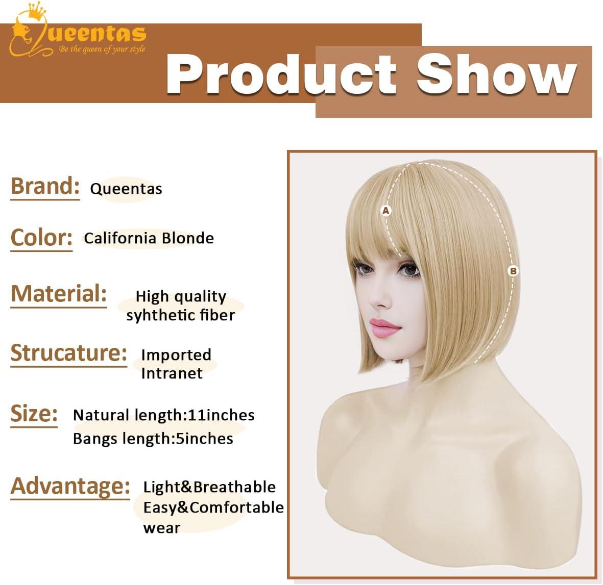 image:imageQueentas Califonia Blonde perruque courte Bob droite perruque de cheveux synthtiques avec capuchon de perruque pour femmes filles 11 quotBlonde