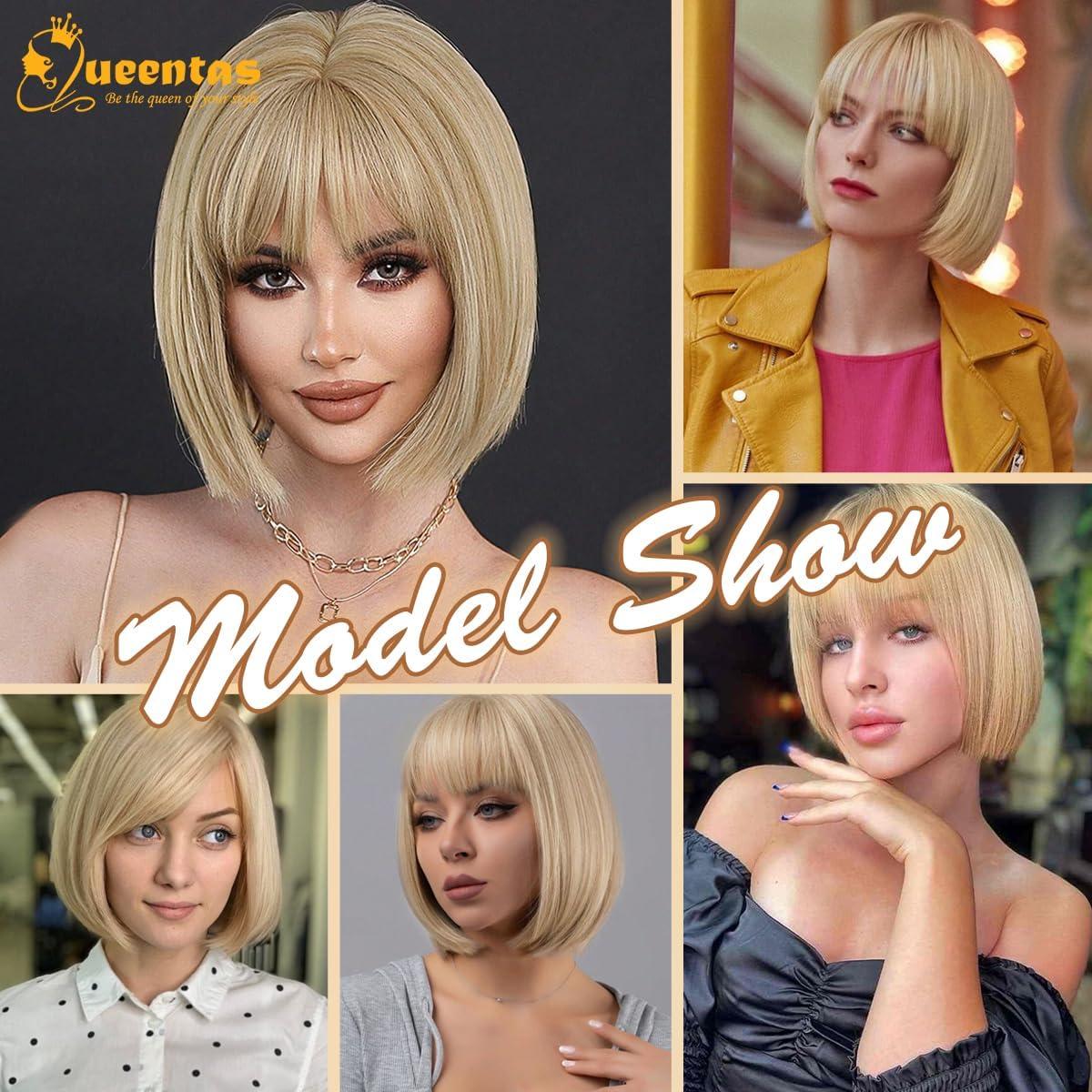 image:imageQueentas Califonia Blonde perruque courte Bob droite perruque de cheveux synthtiques avec capuchon de perruque pour femmes filles 11 quotBlonde