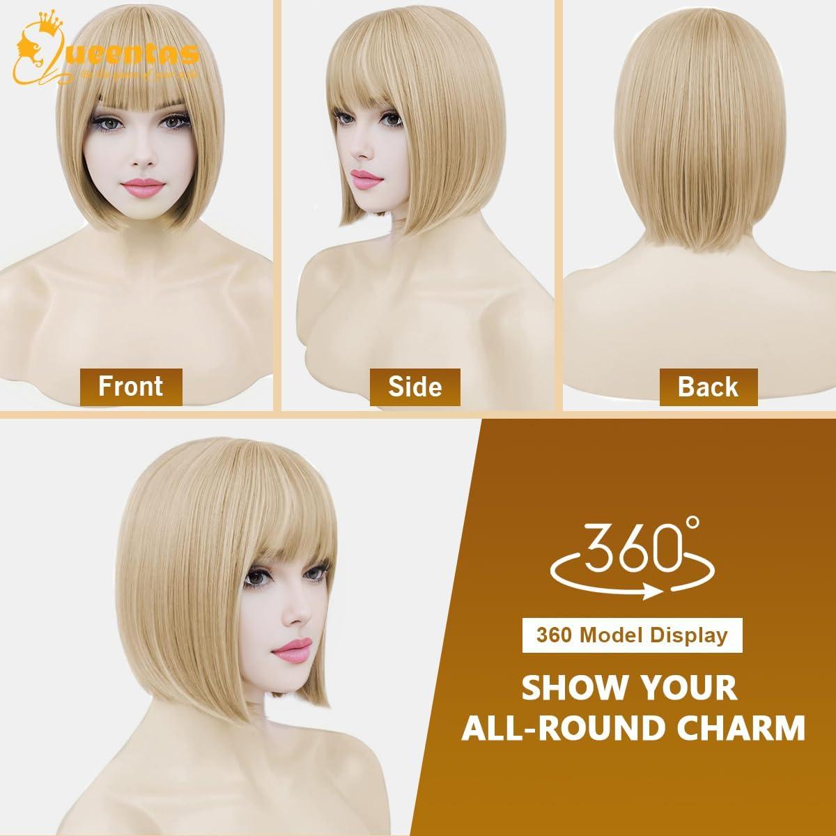 image:imageQueentas Califonia Blonde perruque courte Bob droite perruque de cheveux synthtiques avec capuchon de perruque pour femmes filles 11 quotBlonde