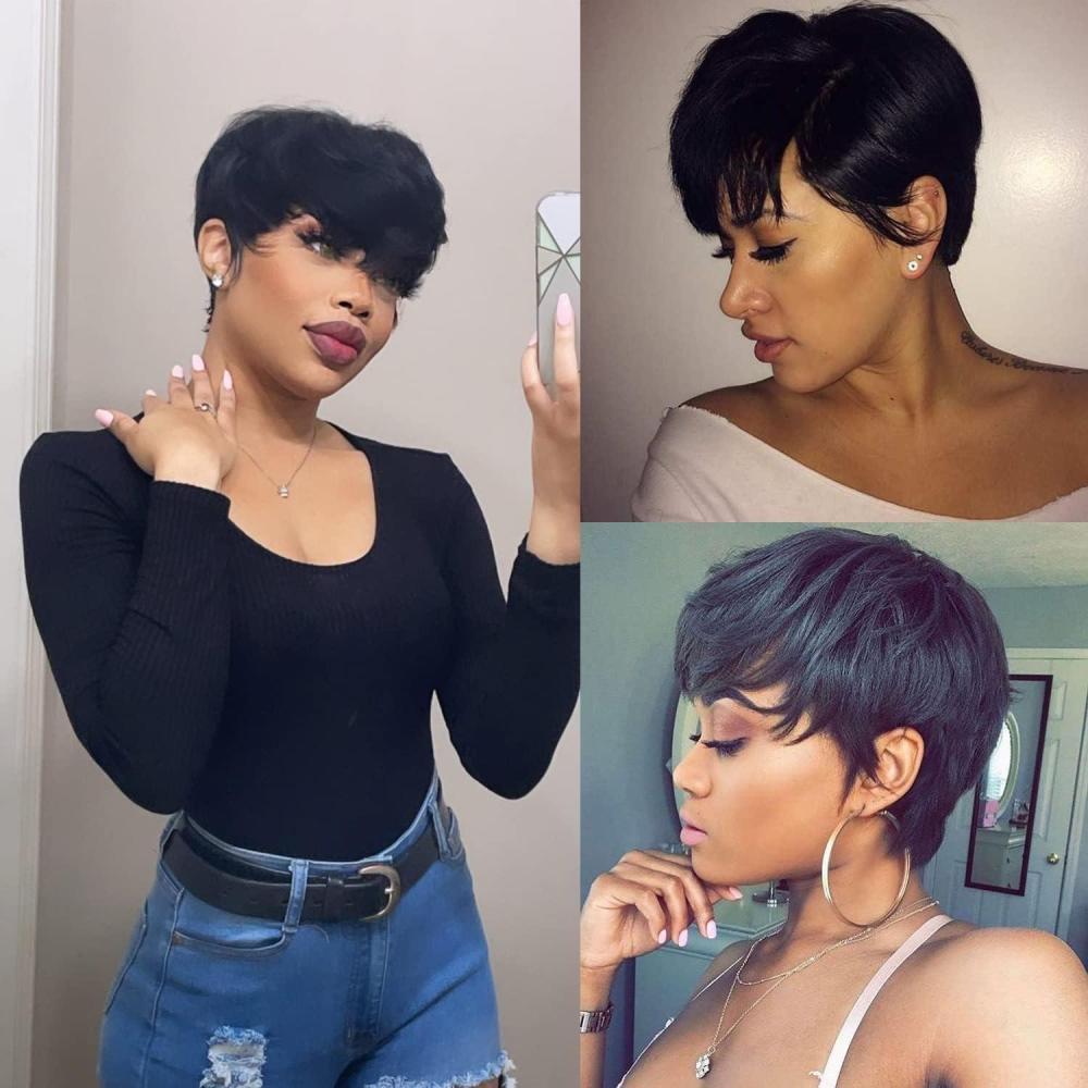 image:imagePerruque Courte short Pixie Human Hair Wig with Bangs Perruque De Cheveux Humains lisse Brsilienne Cheveux avec Frange Naturelle Perruques pour Femmes NoirNoir