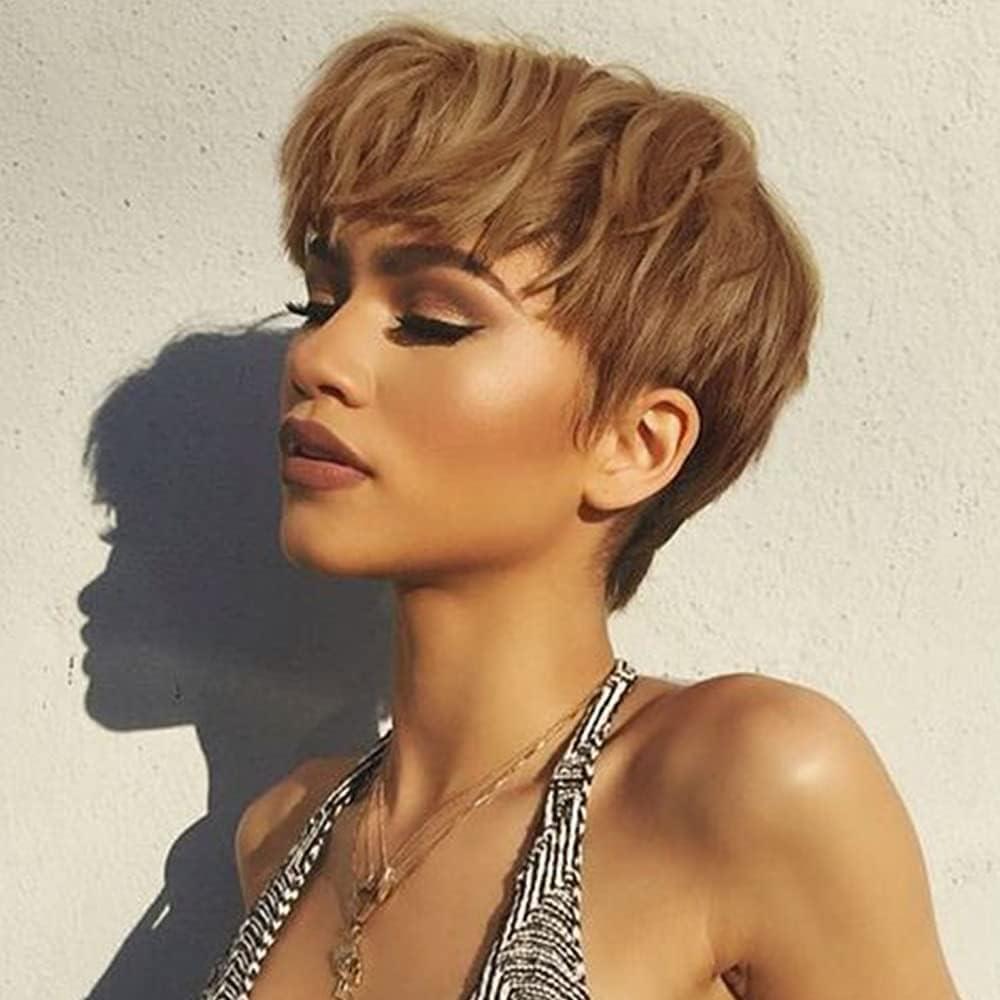 image:imagePerruque Courte short Pixie Human Hair Wig with Bangs Perruque De Cheveux Humains lisse Brsilienne Cheveux avec Frange Naturelle Perruques pour Femmes Noirmarron