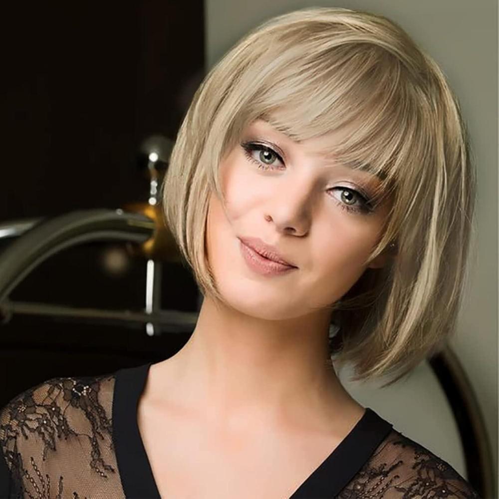 image:imageQueentas Califonia Blonde perruque courte Bob droite perruque de cheveux synthtiques avec capuchon de perruque pour femmes filles 11 quotBlonde