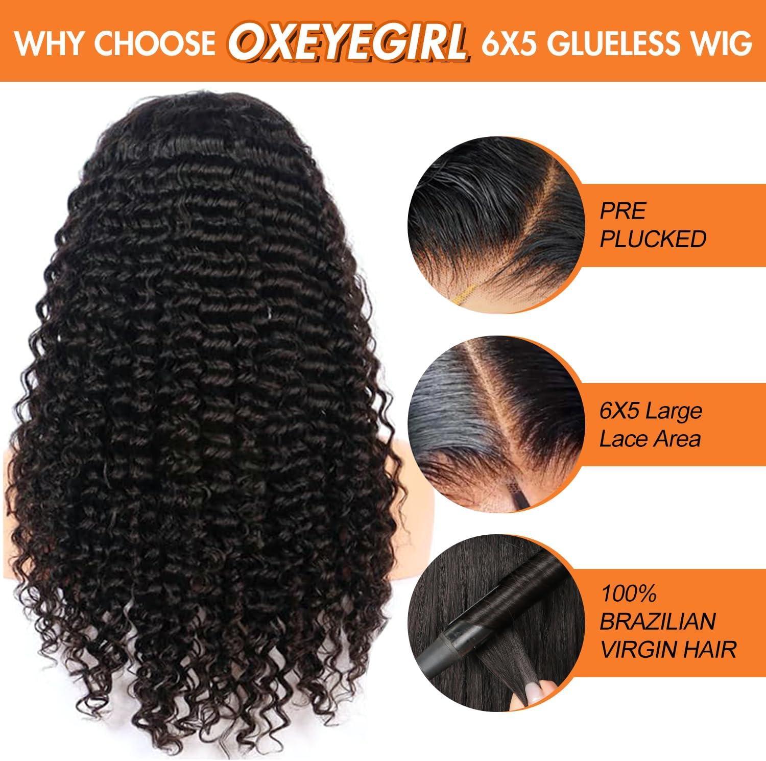 image:imageOxeyegirl 22 Pouces Perruque Femme Naturelle Brsilien 200 Densit Glueless Wig Human Hair 5x5 Lace Wig Deep Wave Perruque Cheveux Humain pas de Colle Pre Cut Lace Glueless Wigs Boucle 55cmCouleur Naturelle
