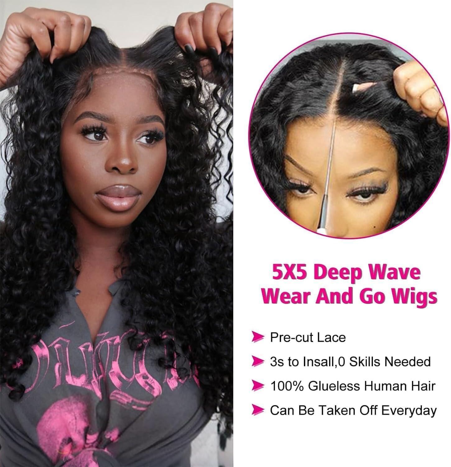 image:imageOxeyegirl 22 Pouces Perruque Femme Naturelle Brsilien 200 Densit Glueless Wig Human Hair 5x5 Lace Wig Deep Wave Perruque Cheveux Humain pas de Colle Pre Cut Lace Glueless Wigs Boucle 55cmCouleur Naturelle