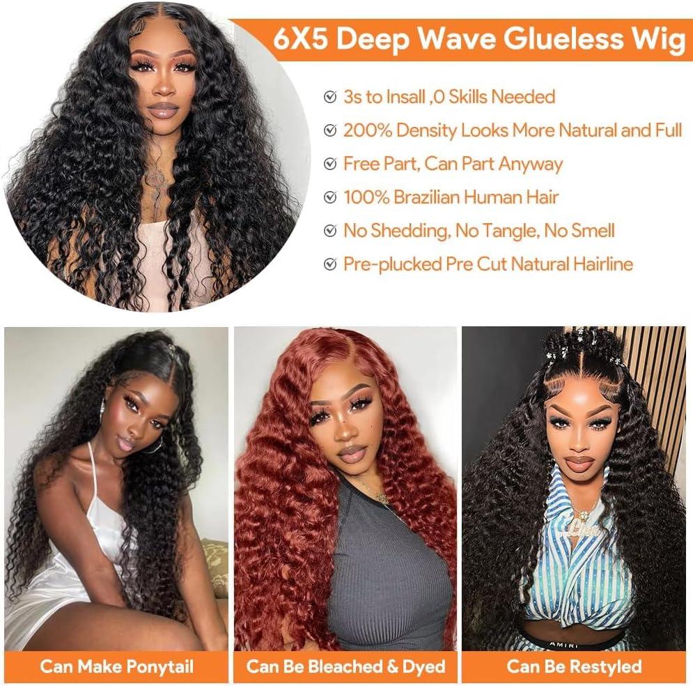 image:imageOxeyegirl 22 Pouces Perruque Femme Naturelle Brsilien 200 Densit Glueless Wig Human Hair 5x5 Lace Wig Deep Wave Perruque Cheveux Humain pas de Colle Pre Cut Lace Glueless Wigs Boucle 55cmCouleur Naturelle