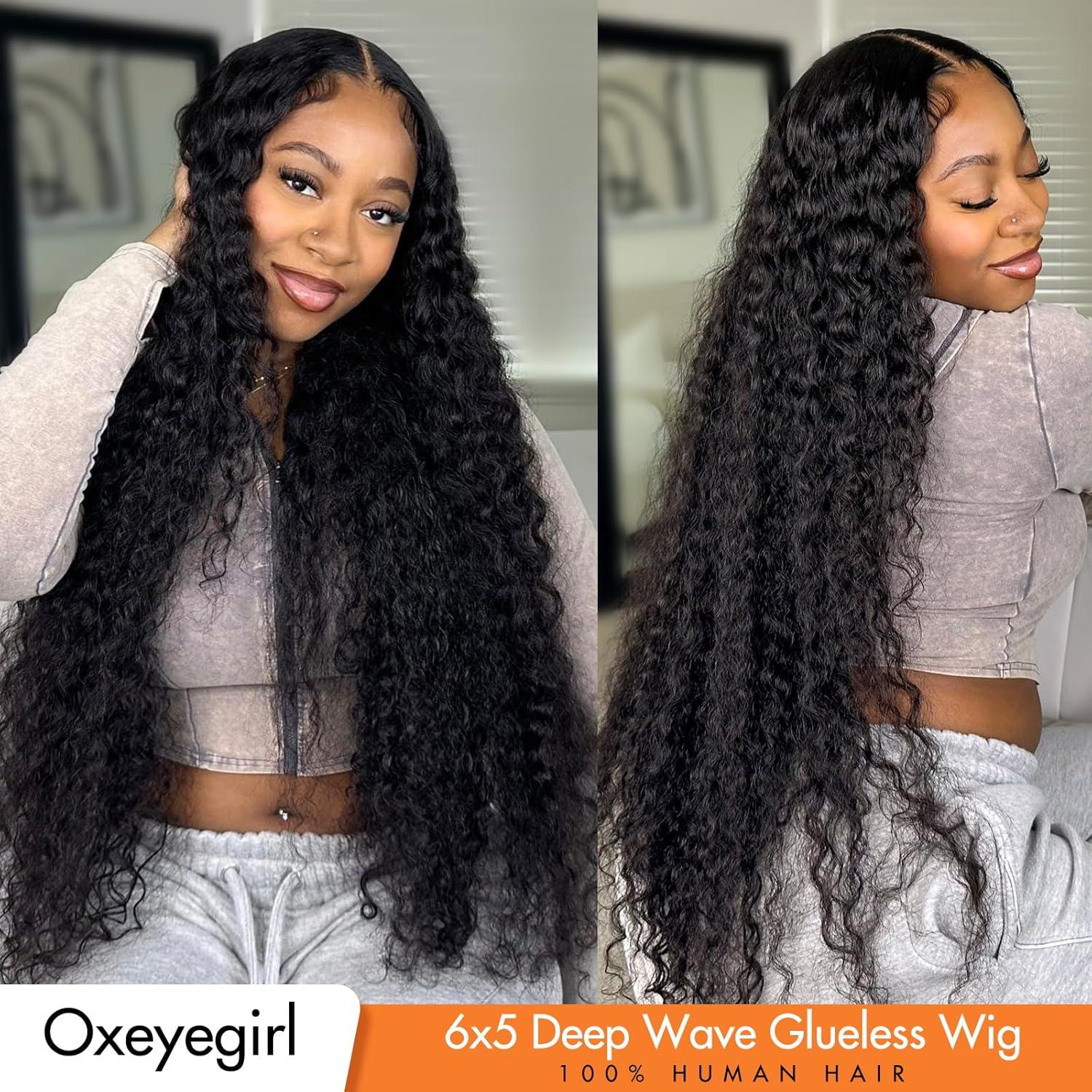image:imageOxeyegirl 22 Pouces Perruque Femme Naturelle Brsilien 200 Densit Glueless Wig Human Hair 5x5 Lace Wig Deep Wave Perruque Cheveux Humain pas de Colle Pre Cut Lace Glueless Wigs Boucle 55cmCouleur Naturelle