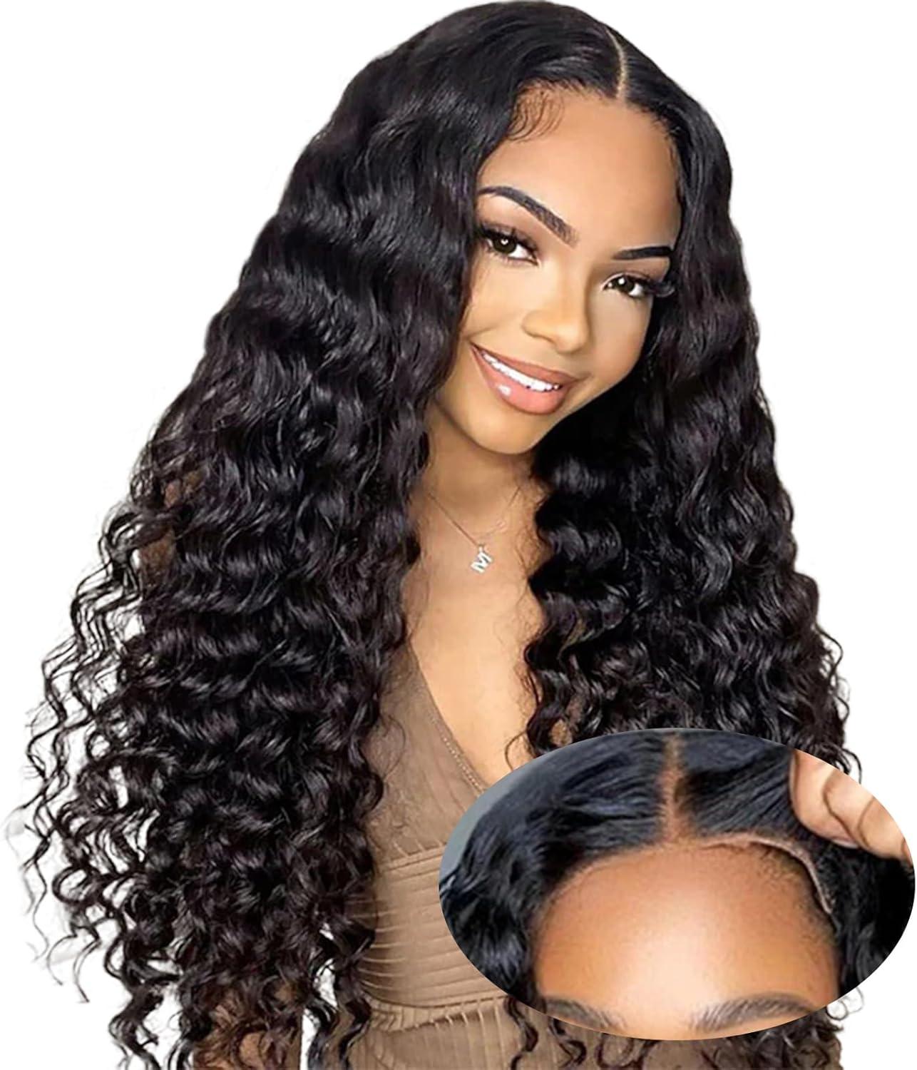 image:imageOxeyegirl 22 Pouces Perruque Femme Naturelle Brsilien 200 Densit Glueless Wig Human Hair 5x5 Lace Wig Deep Wave Perruque Cheveux Humain pas de Colle Pre Cut Lace Glueless Wigs Boucle 55cmCouleur Naturelle