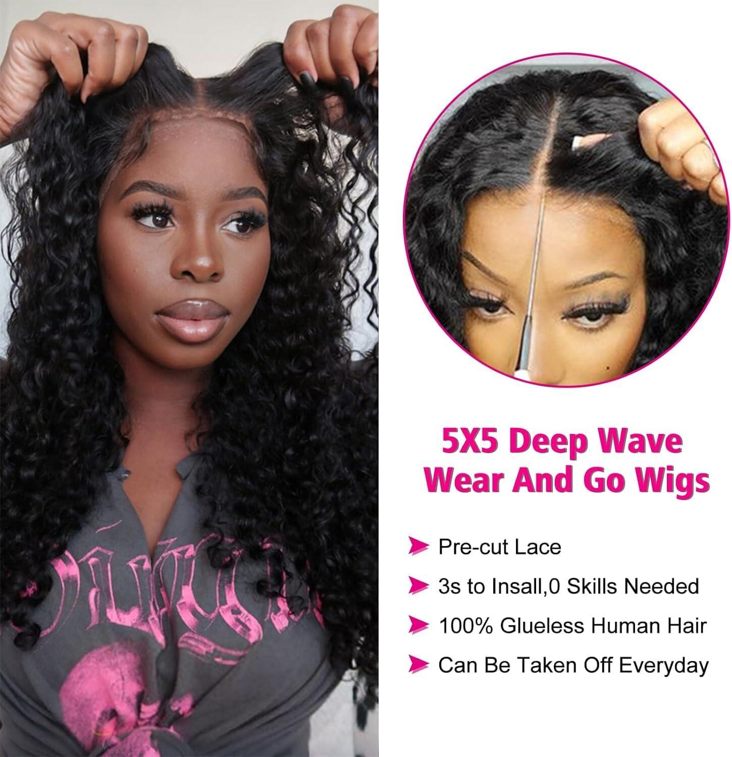 image:imageOxeyegirl 22 Pouces Perruque Femme Naturelle Brsilien 200 Densit Glueless Wig Human Hair 5x5 Lace Wig Deep Wave Perruque Cheveux Humain pas de Colle Pre Cut Lace Glueless Wigs Boucle 55cmCouleur Naturelle