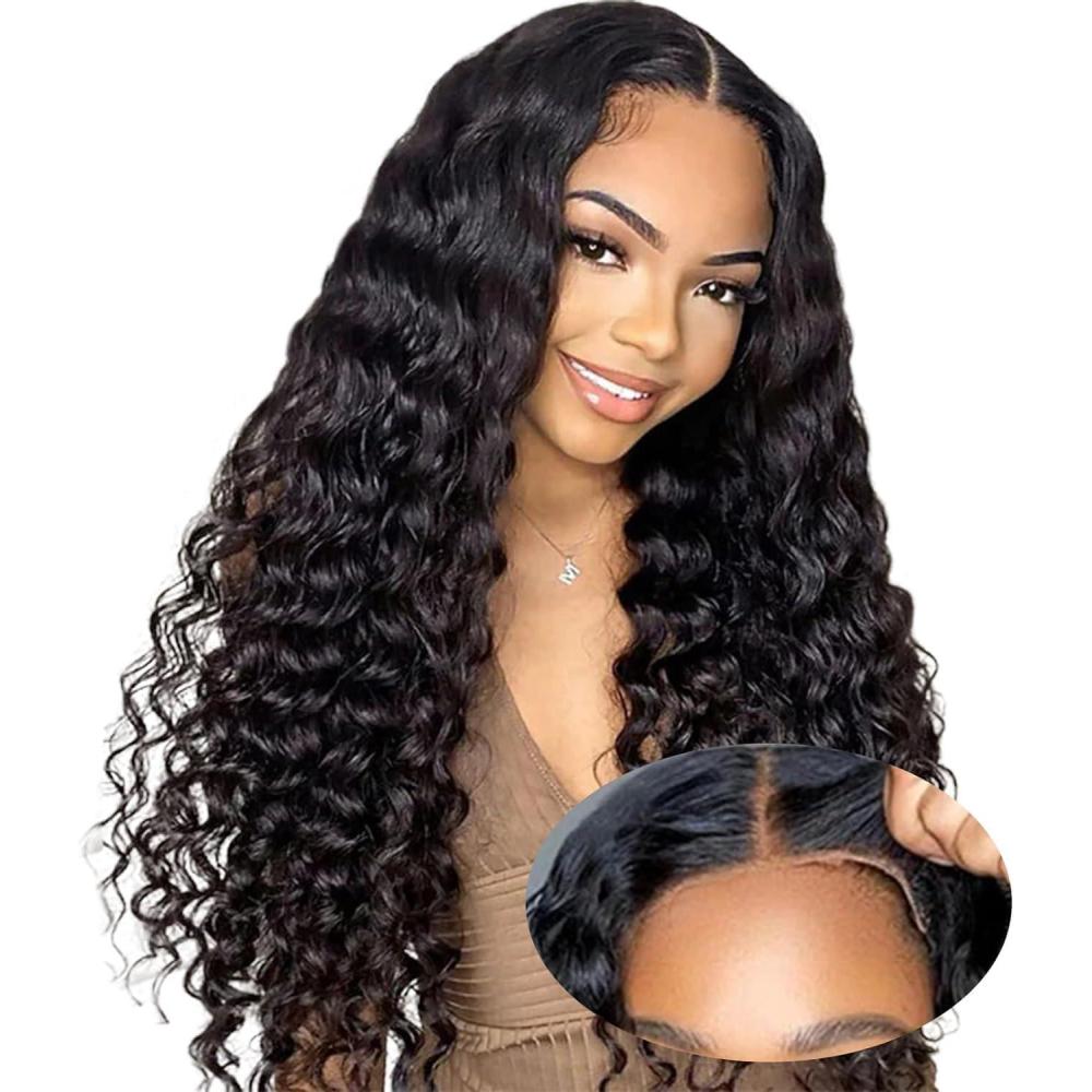 image:imageOxeyegirl 22 Pouces Perruque Femme Naturelle Brsilien 200 Densit Glueless Wig Human Hair 5x5 Lace Wig Deep Wave Perruque Cheveux Humain pas de Colle Pre Cut Lace Glueless Wigs Boucle 55cmCouleur Naturelle
