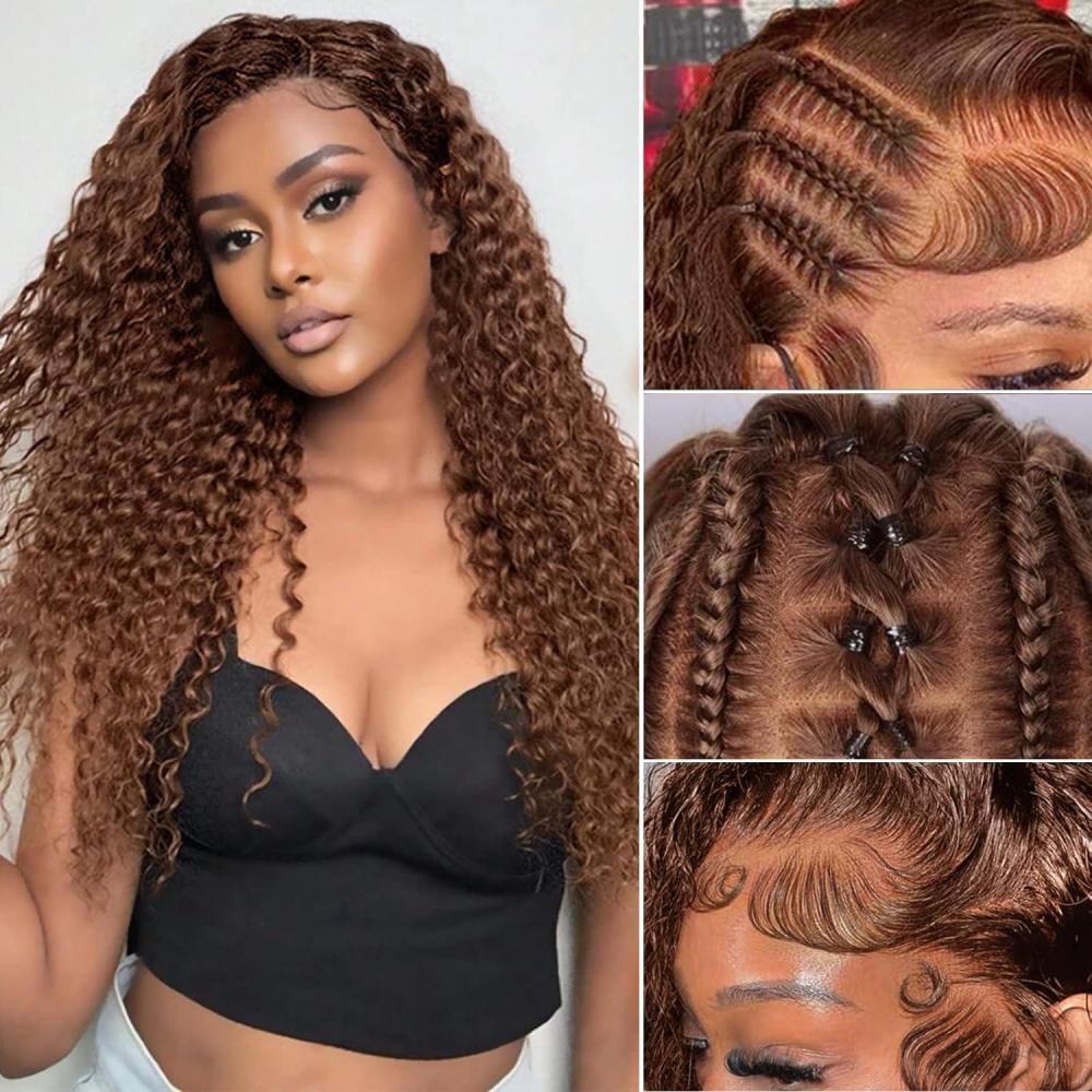 image:imageOxeyegirl 22 Pouces Perruque Femme Naturelle Brsilien 200 Densit Glueless Wig Human Hair 5x5 Lace Wig Deep Wave Perruque Cheveux Humain pas de Colle Pre Cut Lace Glueless Wigs Boucle 55cmLight Brown