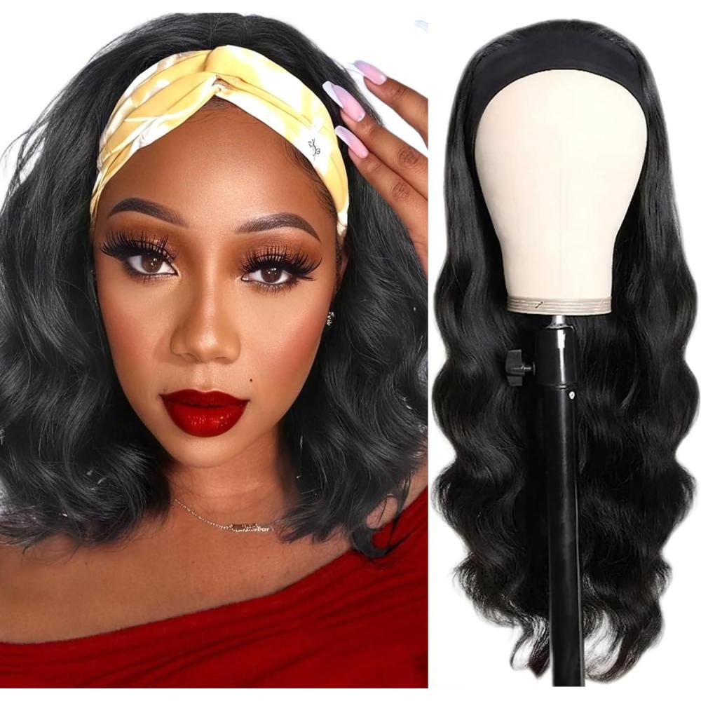 image:imagePerruque Bandeau Cheveux Humain Ondule Perruque Femme Naturelle Brsilien Sans Colle 150 Densit Wear and Go Glueless Wig Body Wave Human Hair Headband Wig 12 Pouces Noire Naturelle Color 30cmCouleur naturelle