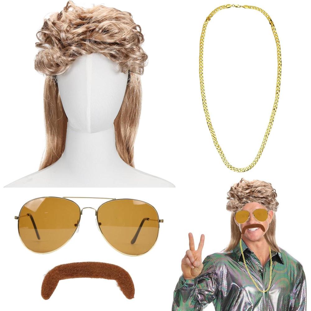 image:imageMeleager Accessoires Deguisement Disco Homme Perruque Mulet Annee 80 4 Pices Hippie Homme Costume Moustache Deguisement pour Mardi Gras Ftes Costumes Carnavals