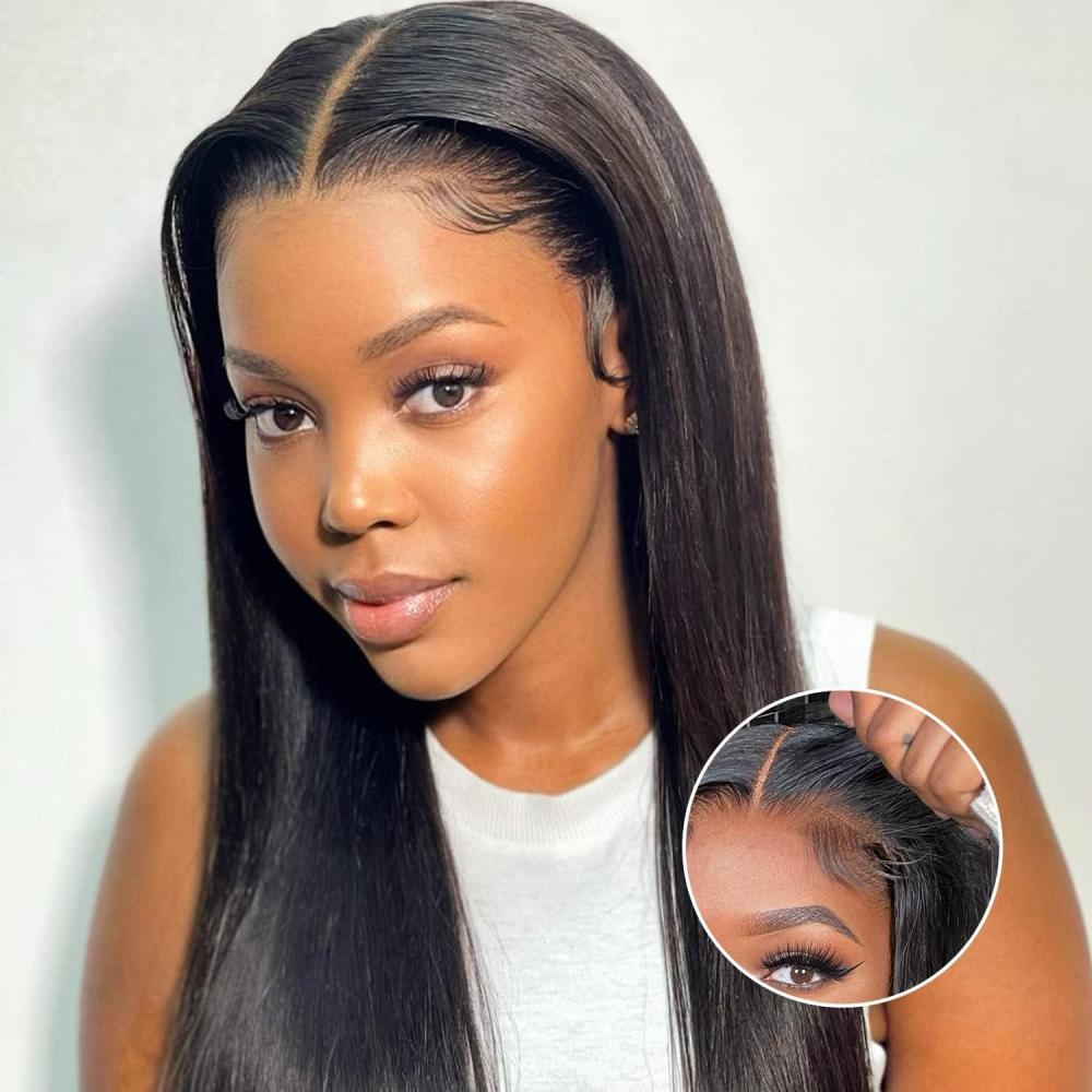 image:imagePerruque Cheveux Humain Straight Wear and Go Glueless Wig Human Hair 4X4 Lace Front Wig Human Hair Wigs For Black Women Perruque Femme Naturelle Sans colle 24inch10 INCH
