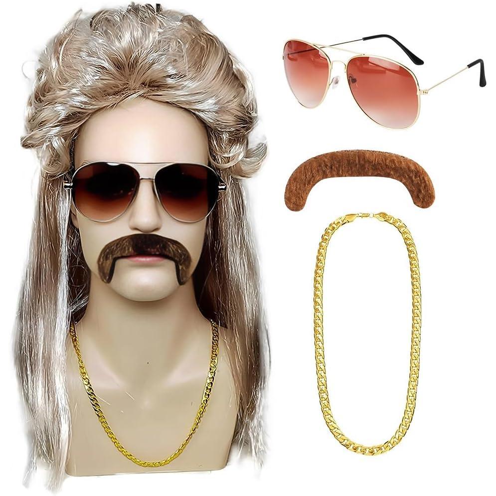 image:imagePerruque Hommes Couleur Cuivre Clair Mulet des Annes 80 Cuivre Clair Longue Perruques Avec Lunettes de Soleil Fausse Barbe Collier Cosplay Disco Halloween Perruques
