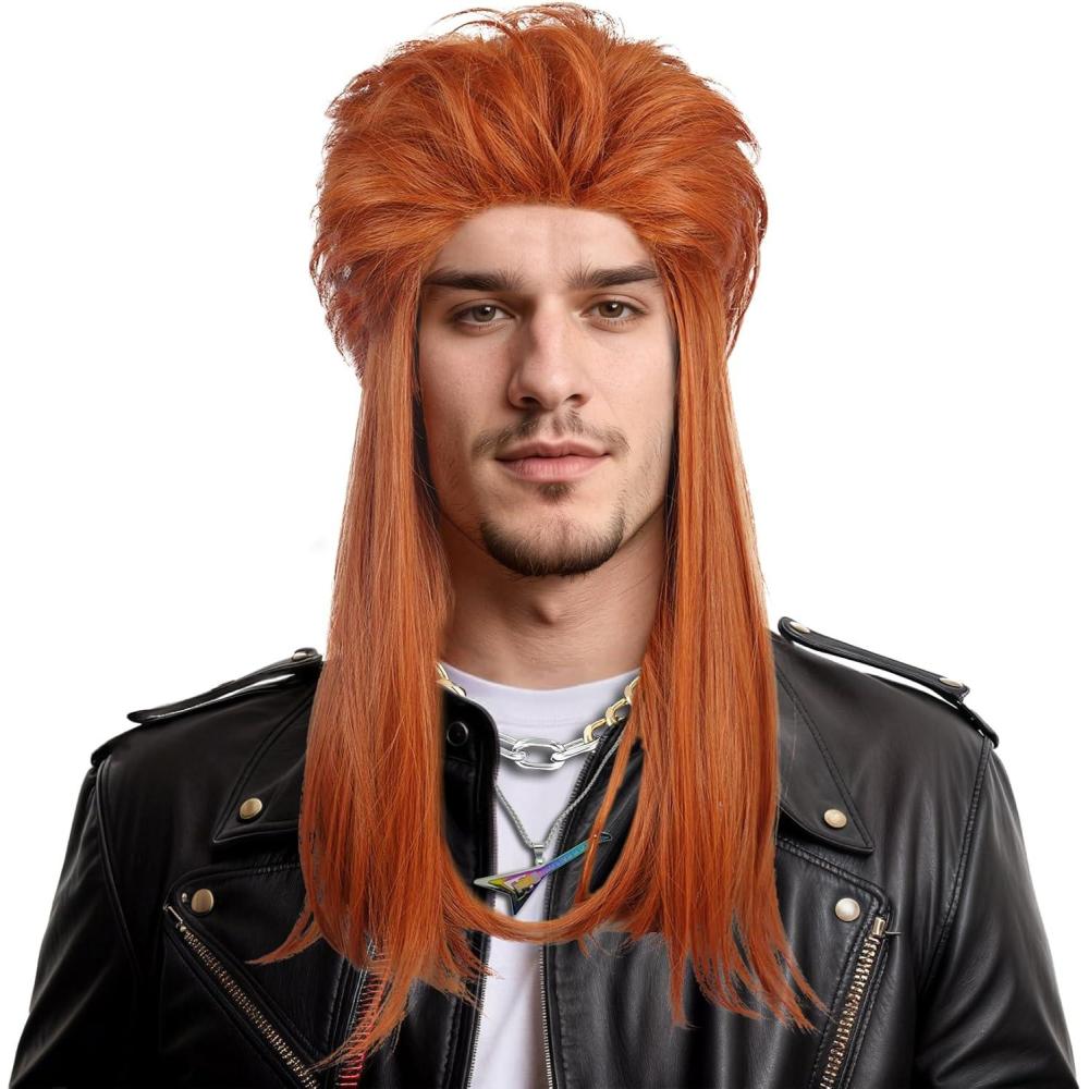 image:imageVGbeaty Hommes Femmes Longue Perruque Droite Orange Mulet 70 Annes 80 Disco Punk Rocker Perruque Rsistante  la Chaleur Fibre Synthtique Douce Durable Halloween Costume Fancy PartyRouge Orange